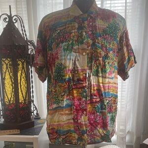 Tribes For Her Women's Medium Beach Vacation Vibrant Water Color Button Down